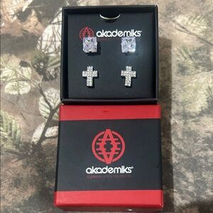 Akademiks Silver CZ Princess Cut and CZ Cross Earrings